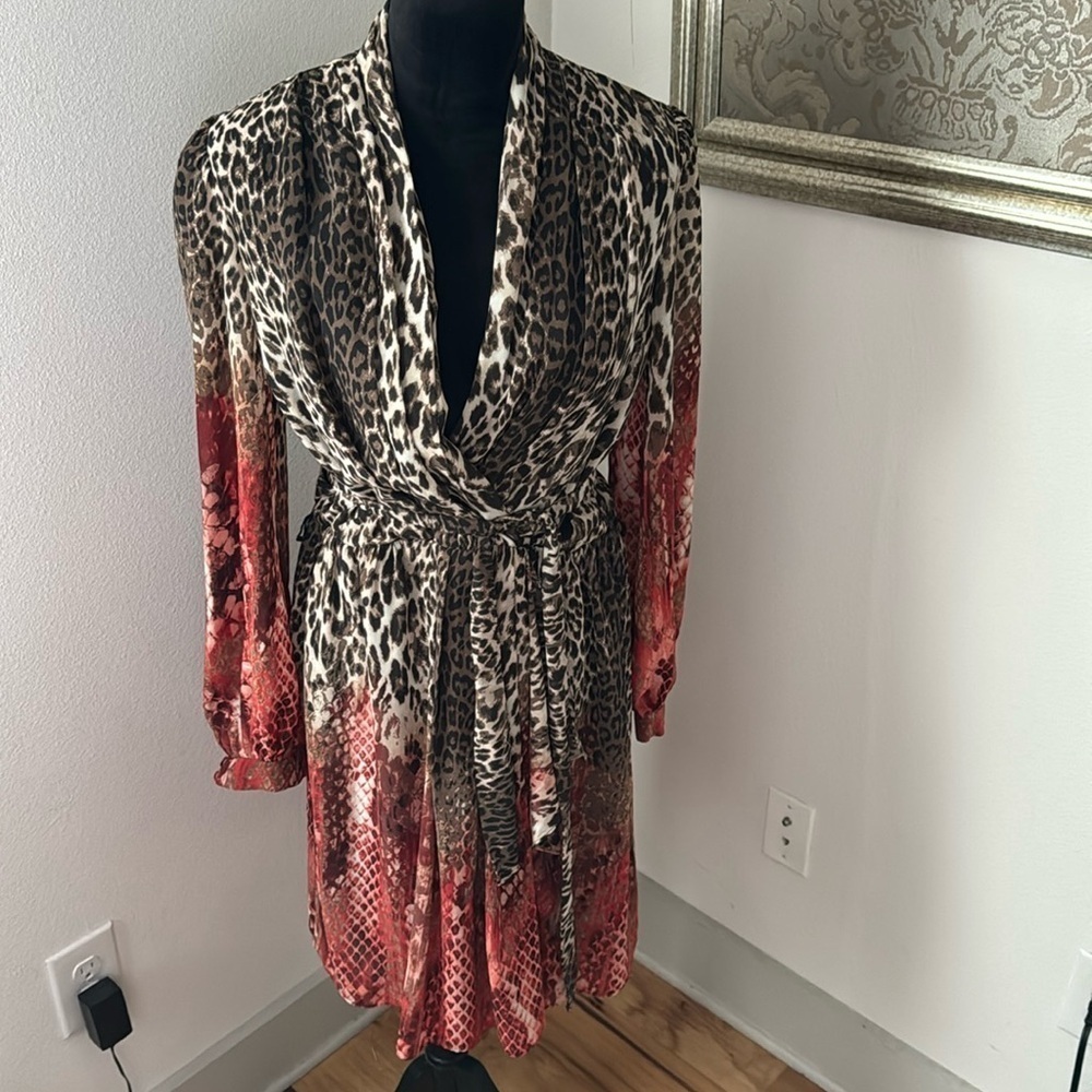 Donna‎ Ricco animal print draped V cleavage semi sheer long sleeves dress Sz 6